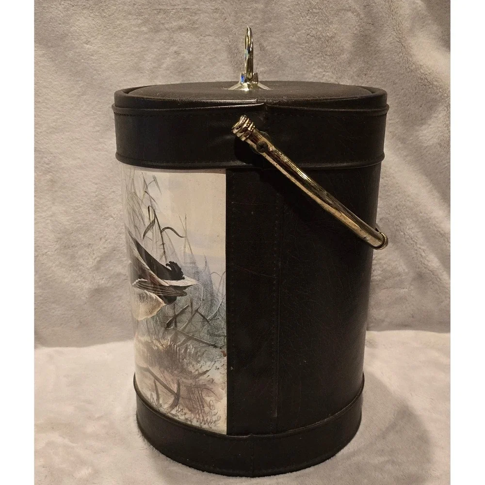 Vintage SheltonWare Mallord Duck Scene Ice Bucket Faux Leather w/ Lid 10.75